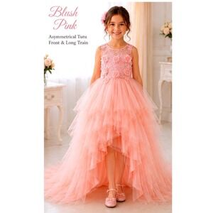 Girls Blush Pink High Low Flower Girl Dress Lace Tulle Pageant Wedding Train